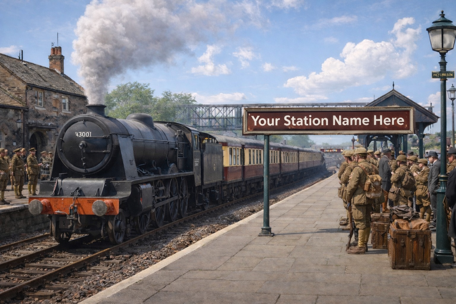 A4 Unframed Print - Vintage Railway Station and Steam Train WW1 Theme - Add your own Station